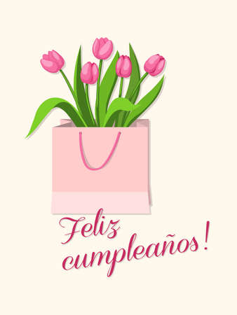 Birthday or invitation card with bouquet of tulips in the bag and spanish language text Feliz CumpleaÃ±os. Print for festive dishes, gift packing and decorate party events.のイラスト素材