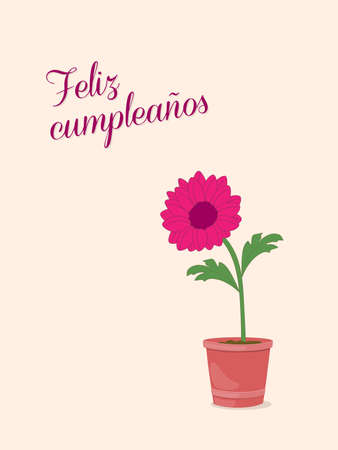 Birthday or invitation card with dahlia in the pot and spanish language text Feliz CumpleaÃ±os. Print for festive dishes, gift packing and decorate party events.のイラスト素材