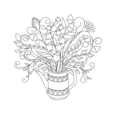 White teapot with ornamental lines and hand drawn doodle floral bouquet. Monochrome contour illustration for greeting, invitation card, adult coloring book,  home decor, decorate tea party.のイラスト素材