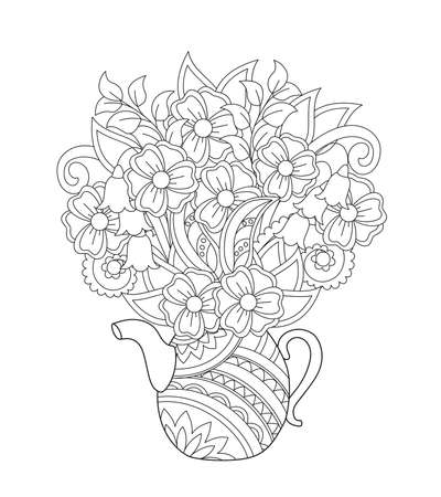 Ornamental teapot with hand drawn doodle flowers. Monochrome contour illustration for greeting, invitation card, adult coloring book,  home decor, decorate tea party, furniture, bag, dishes.のイラスト素材