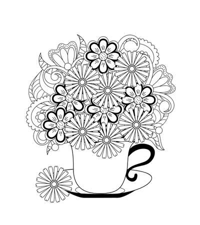 Contour drawn cup with flowers. Monochrome illustration for greeting card,  tea party invitation, adult anti stress coloring book,  home art, decorate t-shirt, tunic, bag, dishes, wall mural.のイラスト素材