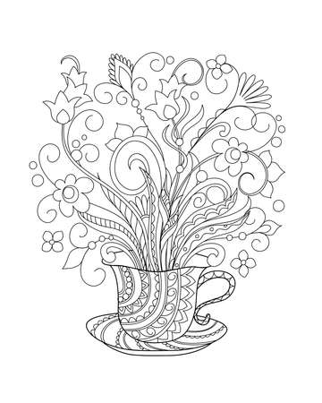 Ornamental cup with hand drawn doodle flowers. Monochrome contour illustration for greeting, invitation card, adult coloring book,  home decor, decorate tea party, furniture, bag, dishes.のイラスト素材