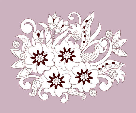 Hand drawn abstract doodle flowers isolated on pink background. Monochrome contour illustration for home mural decor, decorate furniture, bag, dishes, pattern for clothes textile, t-shirt.のイラスト素材