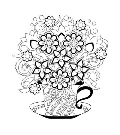 Ornamental cup with hand drawn floral  bouquet. Monochrome contour illustration for greeting, invitation card, adult coloring book,  home decor, decorate tea party, furniture, bag, dishes.のイラスト素材