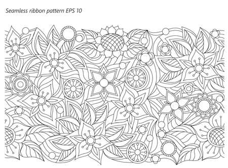 Seamless ribbon floral background with hand drawn pattern in boho style. Isolated page for adult coloring antistress, decorate the wall, dishes, porcelain.のイラスト素材