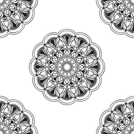 Seamless pattern with monochrome isolated mandala with hand drawn elements in Arabic, Indian, turkish, pakistan motifs for fabric clothes, textil, pack and wall paper.のイラスト素材