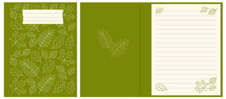 Colorful cover design with  contour drawing autumn leaves pattern for decorate notebook, sketchbook, copybook, album, diary. Cover A5 school notebook template with interior. EPS 10のイラスト素材