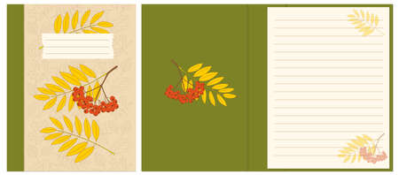 Colorful cover design with rowanberry twigs and contour drawing autumn leaves pattern for decorate notebook, sketchbook, copybook, album, diary. Cover A5 school notebook template with interior. EPS 10のイラスト素材