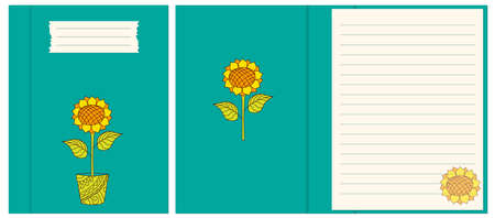 Colorful cover design with hand drawn sunflower in the pot for decorate notebook, sketchbook, copybook, album, diary. Cover A5 school notebook template with interior. EPS 10のイラスト素材
