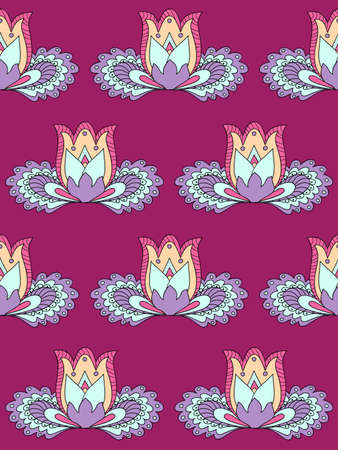 Colorful floral seamless pattern in boho style with hand drawn zen lotus for packing gift, present, pack paper, textile print, fabric pattern.のイラスト素材