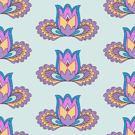 Colorful floral seamless pattern in boho style with hand drawn zen lotus for packing gift, present, pack paper, textile print, fabric pattern.のイラスト素材