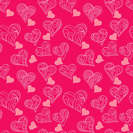 Pink valentine  seamless pattern  with hand drawn patterned  hearts for packing valentine's day gift, present, pack paper, textile print, fabric pattern.のイラスト素材