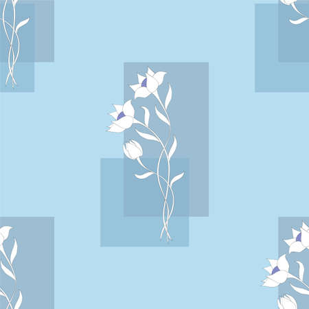 Blue seamless pattern with hand drawn doodle white flowers on the rectangles for wallpaper, packing gift, present, pack paper, textile print, fabric pattern.のイラスト素材