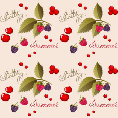 Beige seamless pattern with summer berries and hand writing words for wallpaper, packing gift, present, tea pack paper, textile print, fabric pattern.のイラスト素材