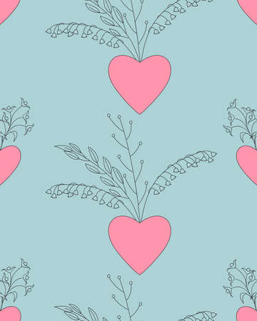 Pink valentine  seamless pattern  with hand drawn patterned  hearts for packing valentine's day gift, present, pack paper, textile print, fabric patternのイラスト素材