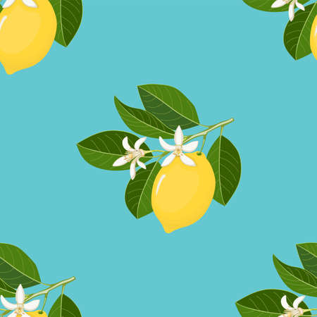 Blue seamless pattern with yellow lemon and blossom for wallpaper, packing gift, present, tea pack paper, textile print, fabric pattern.のイラスト素材