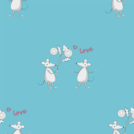 Blue seamless pattern with cartoon couple in love mice and hand writing word for kids wallpaper, packing gift, present,  pack paper, textile print, fabric pattern.のイラスト素材