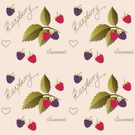 Beige seamless pattern with raspberry and hand writing words for wallpaper, packing gift, present, tea pack paper, textile print, fabric pattern.のイラスト素材