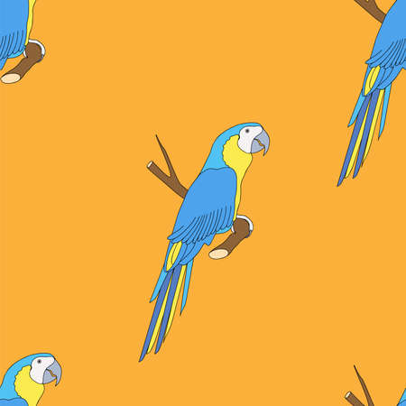 Orange seamless pattern with cartoon colorful parrot for kids wallpaper, packing gift, present, pack paper, textile print, fabric pattern.のイラスト素材