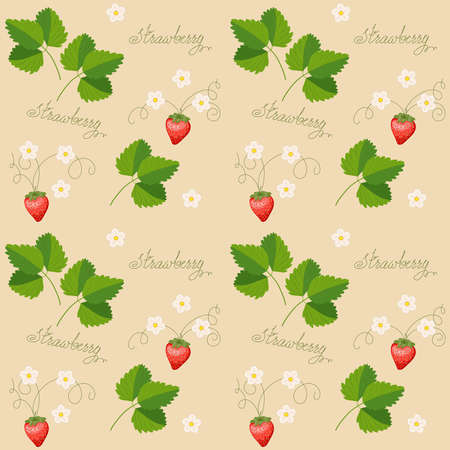 Beige seamless pattern with strawberry, blossom and hand writing words for wallpaper, packing gift, present, tea pack paper, textile print, fabric pattern.のイラスト素材