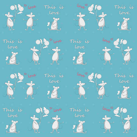 Blue seamless pattern with cartoon mice and hand writing words for kids wallpaper, packing gift, present,  pack paper, textile print, fabric pattern.のイラスト素材