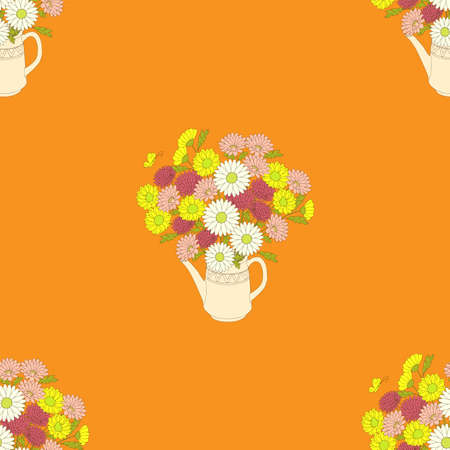 Orange seamless pattern with hand drawn flowers in the teapot for wallpaper, packing gift, present, pack paper, textile print, fabric pattern.のイラスト素材