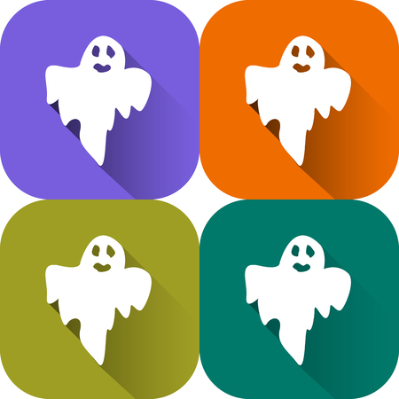 Set of colorfull ghosts doodle cartoon characters. Cute white isolated symbol. Halloween. Flat design icon for booklet, banner, website. Vector illustration.のイラスト素材