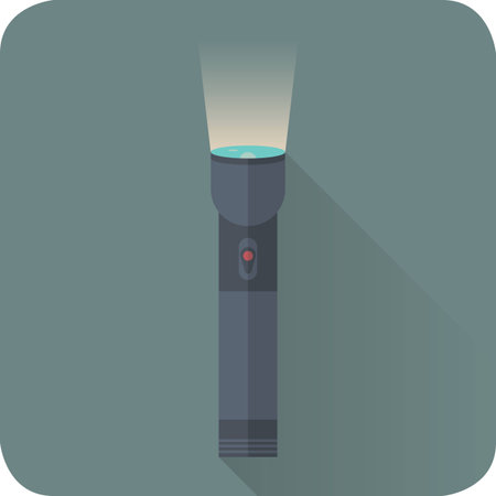 Bright beam of flashlight or pocket torch in darkness. Flat style. vector illustration, transparency used, long shadow.のイラスト素材