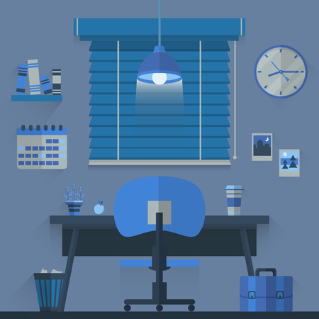 Flat design interior concept of work place with calendar, lamp, clock, books, and cup of coffee on blue wall background.のイラスト素材