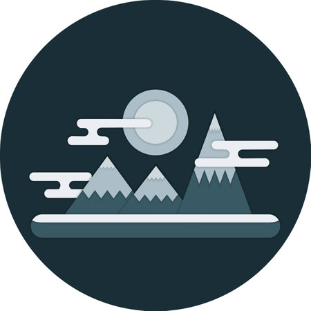 Flat design vector nature night winter landscape illustration with moon, mountains, clouds and snow.のイラスト素材