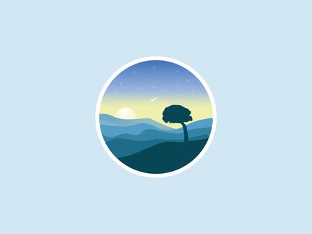 Circle vector morning landscape with alone tree icon.のイラスト素材