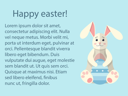 Flat Easter holiday modern style design vector celebration decoration postcard. Decorative elements objects painted eggs and bunny rabbit. Illustration with long shadow and text template.のイラスト素材