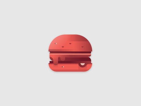 Isolated vector illustration of hamburger. Red isolated icon. Cheeseburger logo illustration. Material design flat icon of hamburger on white background. Isolated abstract icon.のイラスト素材