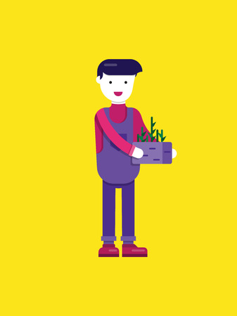 Vector gardener. Flat material design. Boy with plants. Simple design.のイラスト素材