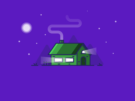 Private house on the background of the moon, grass, stars, sky. On the street the night. Country living. In flat style. Vector isolated image for Your business.のイラスト素材