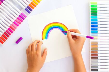 Lots of Assorted Colors Marker Pens Isolated on White Background rainbowの写真素材