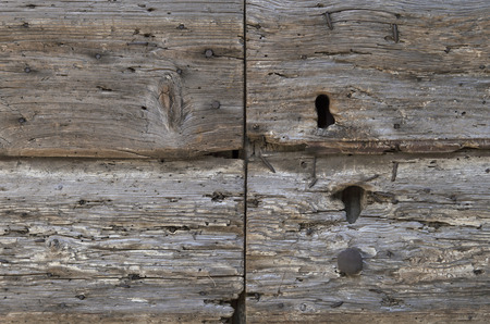 detail of decaying wooden door with keyhole, nails and texture of rotten wood with wormholesの写真素材