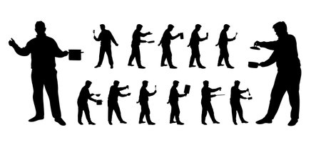 man cooking vector silhouettes with different pots pans and kitchen utilitiesのイラスト素材