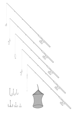 fishing gear outline illustration, black and white versionのイラスト素材