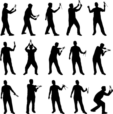 Man with wrench black silhouettes on white backgroundのイラスト素材