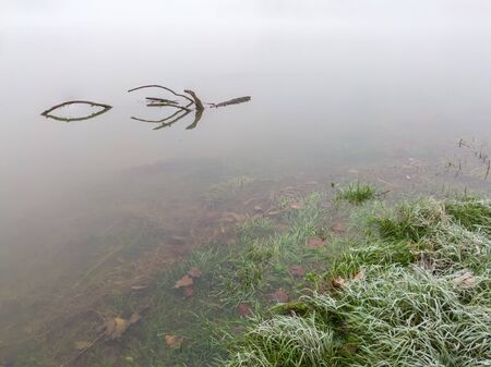 A branch floats through the fog in the water near the shore covered with morning frost. A gloomy and cold winter morning by the river.の写真素材