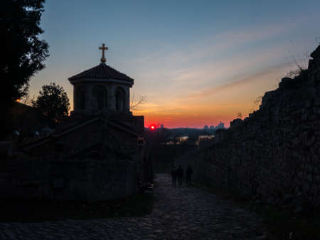 Silhouette of the chapel of St. Petka (Kapela Svete Petke) at Kalemegdan fortress in Belgrade (Beograd) at sunset.のeditorial素材