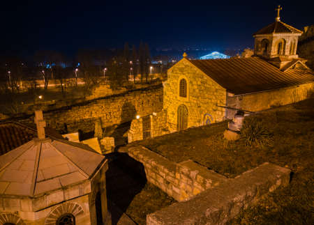 Orthodox Church of St. Petka (Crkva Svete Petke) at the Kalemegdan Fortress or Belgrade fortress at night illuminated with lighting, Belgrade, Serbia.のeditorial素材