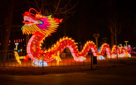 New Year's decoration on the occasion of the lunar new year in Belgrade's Kalemegdan Park, at night.