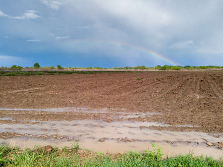 A beautiful picturesque scenic landscape of arable agricultural land after the rain and a colorful rainbow in the background against the dark clouds in the sky. Plowed field after the storm.の写真素材