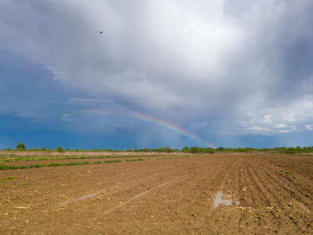A beautiful picturesque scenic landscape of arable agricultural land after the rain and a colorful rainbow in the background against the dark clouds in the sky. Plowed field after the storm.の写真素材