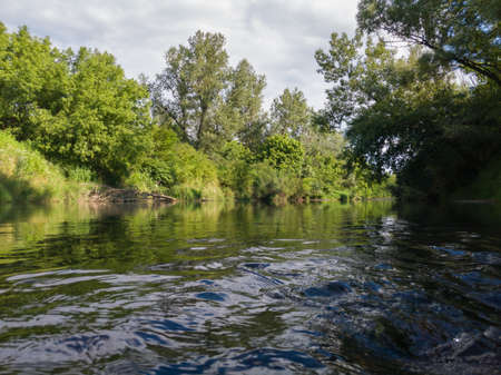 Landscape with river with rapids and flat surface with reflection, banks overgrown with greenery,...