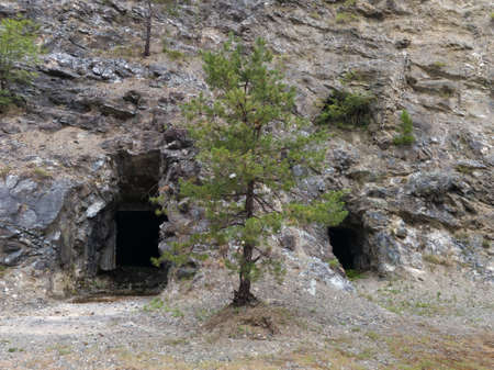 Abandoned industrial mines entrance, dark spooky asbestos shaft in rock, dangerous urban exploration, asbestos cancersの写真素材
