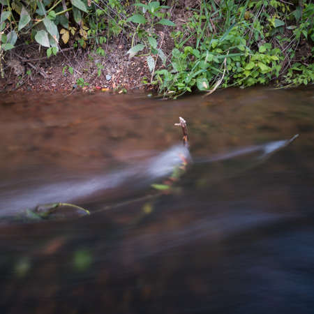 Detail from creek, abstract water splash over branch stuck in creek near bankの写真素材