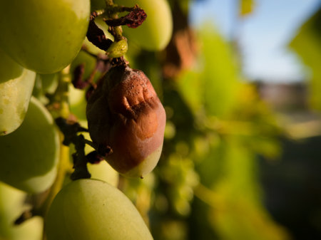 Close up of green bunch of grapes with rotten one grape, damaged cropの写真素材